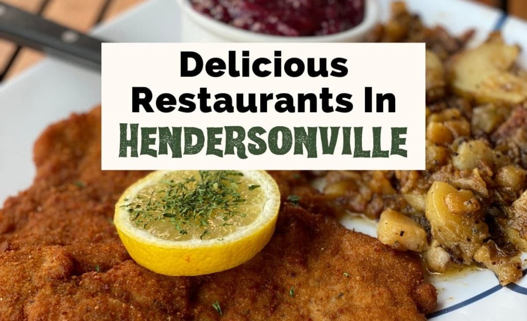 Best Restaurants in Hendersonville NC with Haus Heidelberg German Restaurant breaded schnitzel on plate with fried potatoes and red cabbage garnished with lemon slice