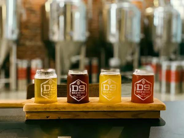 D9 Brewing Company Hendersonville NC with flight of four beers ranging from light yellow to darker brown