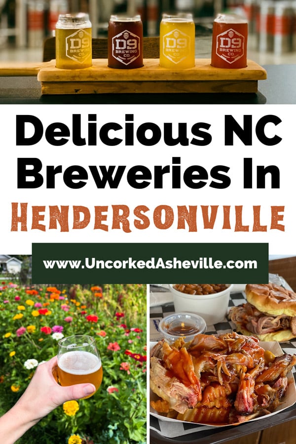 Hendersonville Breweries North Carolina with top image of flight of beers from D9 Brewing and two bottom pictures with amber beer in front of flowers at Sideways Farm and Brewery and plate of BBQ pulled pork from Carolina Ace BBQ food truck at Guidon Brewing