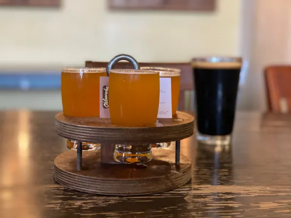 Oklawaha Brewing Company Hendersonville NC beer flight with light beers next to a dark cider