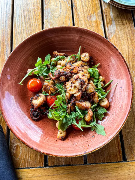 Omni Grove Park Inn Edison restaurant in Asheville, NC with plate of grilled octopus over greens with tomatoes and chickpeas