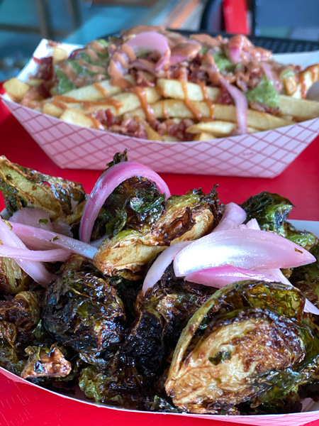 Saint Paul Mountain Vineyards Food Truck with fried Brussel sprouts and loaded french fries in paper trays