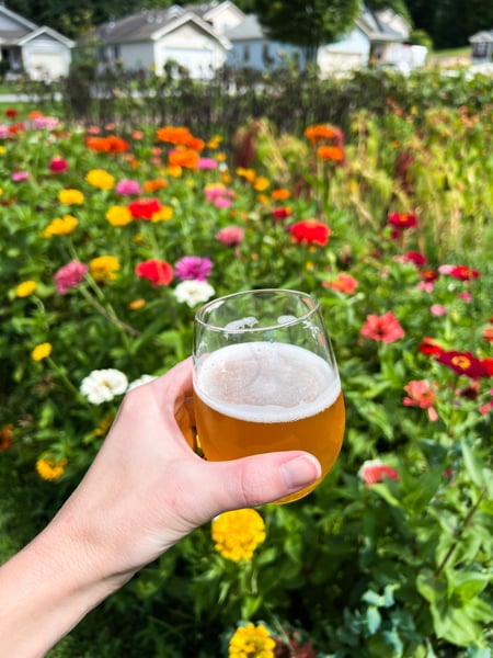 Sideways Farm & Brewery Etowah North Carolina amber beer in white woman's hand in front of u-pick pink, white, and yellow flowers with field and houses blurred in the background