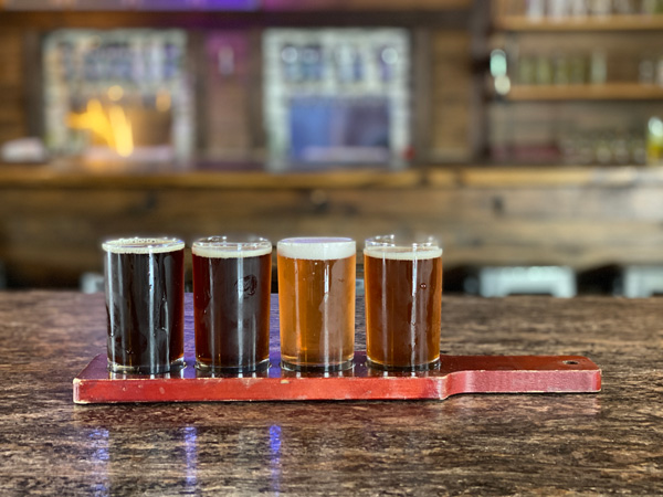 Triskelion Brewing Hendersonville NC with flight of four beers ranging from dark to light and taps and bar blurred in background