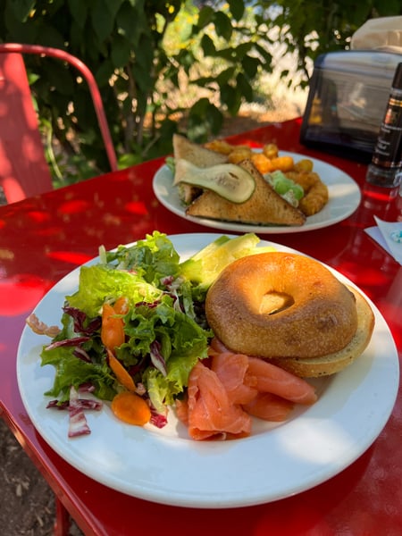 All Day Darling Breakfast Asheville NC with white plate filled with a bagel, smoked salmon, lettuce for salad, and slice avocado on red table