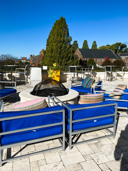 Aloft Downtown Asheville rooftop pool bar with blue couches and fire pit overlooking mountains