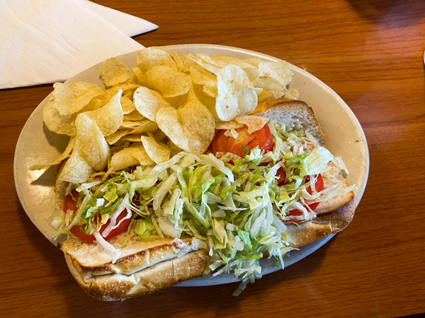 Apollo Flame Bistro Asheville Lunch tuna Sub with potato chips on white plate