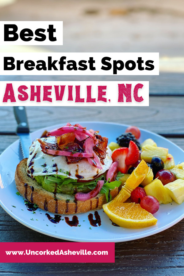 Best Asheville Breakfast Restaurants Pinterest Pin with plate of avocado toast and eggs with bacon from Sunny Point Cafe in West Asheville, NC