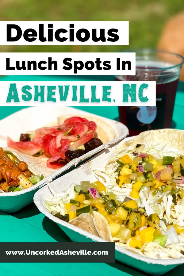 Best Asheville lunch restaurants Pinterest pin with White Duck Taco Shop Asheville Tacos with Ginger Revenge ginger beer and four soft shell tacos on green picnic table outside