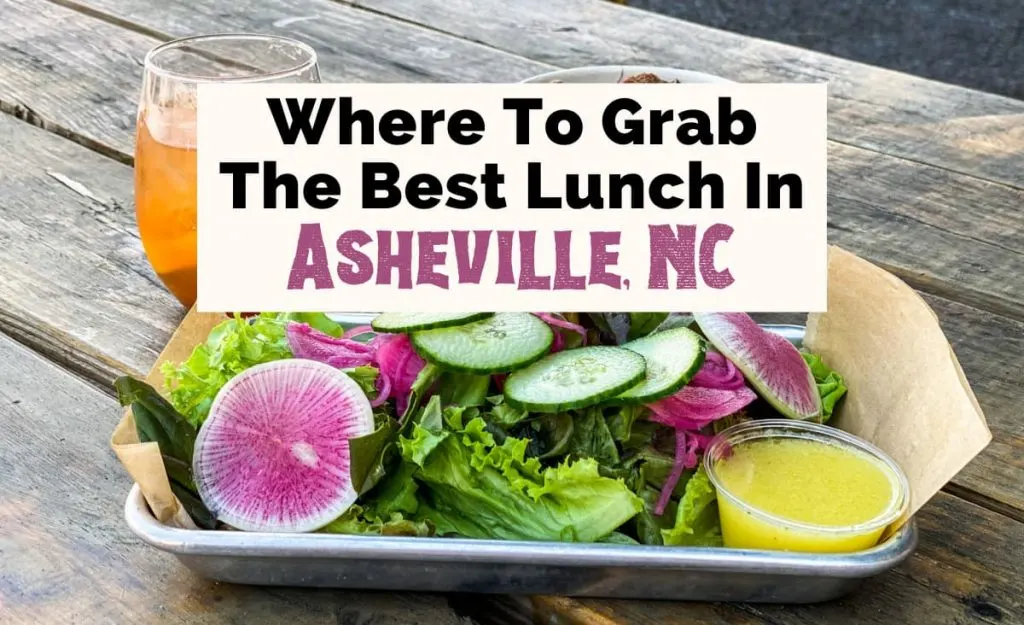 Best Lunch In Asheville NC with salad with radishes and cucumber, bowl of boiled peanuts, and apple butter Old Fashioned Cocktail
