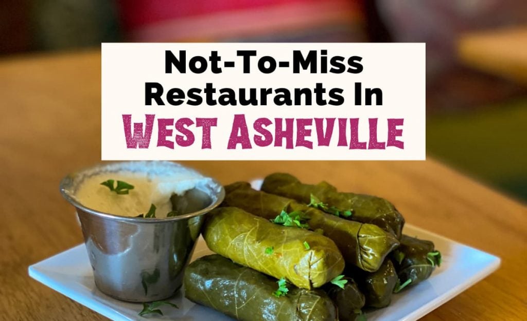Best Restaurants In West Asheville NC with picture of grape leaves on white plate on table from Gypsy Queen Cuisine