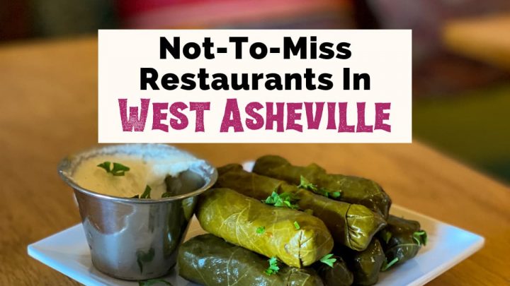 Best Restaurants In West Asheville NC with picture of grape leaves on white plate on table from Gypsy Queen Cuisine