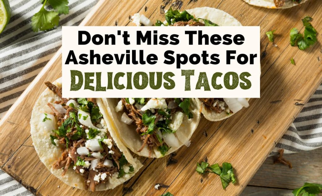 Best Tacos In Asheville, NC with three tacos filled with meat, onion, sauce, and cilantro on light brown cutting board