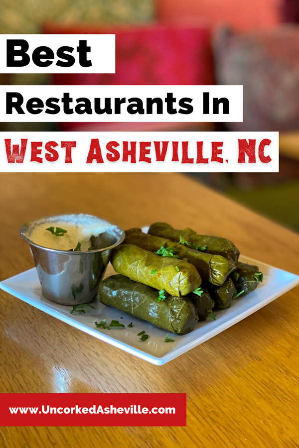 Best West Asheville Restaurants Pinterest Pin with picture of grape leaves and vegan dip from Gypsy Queen Cuisine
