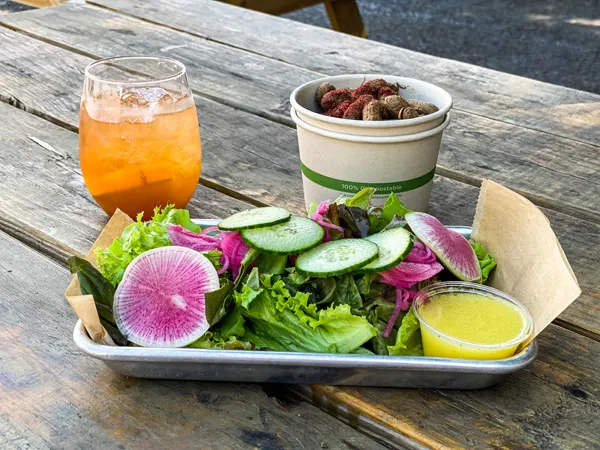 Haywood Common Lunch Asheville NC with salad with radishes and cucumber, bowl of boiled peanuts, and apple butter Old Fashioned Cocktail