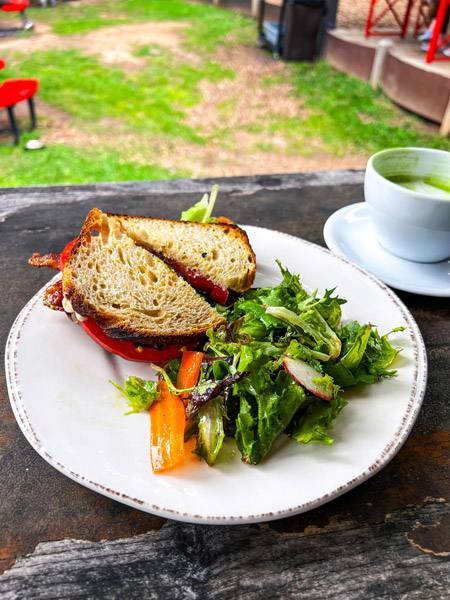 Liberty House Cafe in Asheville, NC BLAT (bacon, lettuce, tomato, avocado) sandwich with side salad on white plate outside next to green tea matcha latte