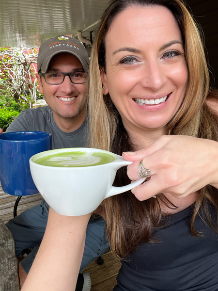 Christine and Tom with latte at Liberty House Cafe