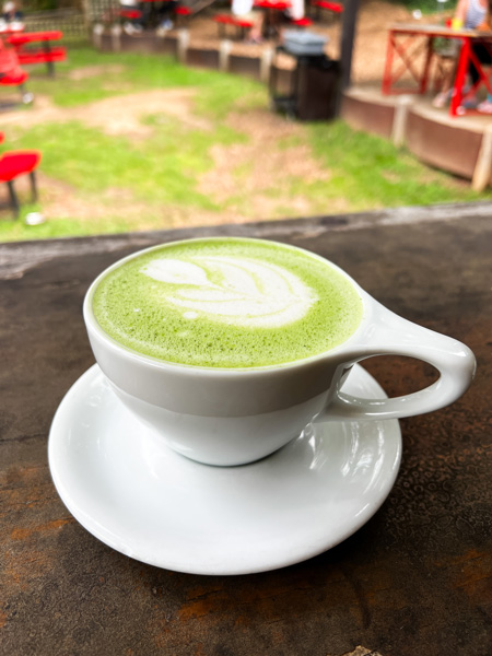 Liberty House Cafe in Asheville NC Green Tea Latte with white latte art in white cup on outdoor table