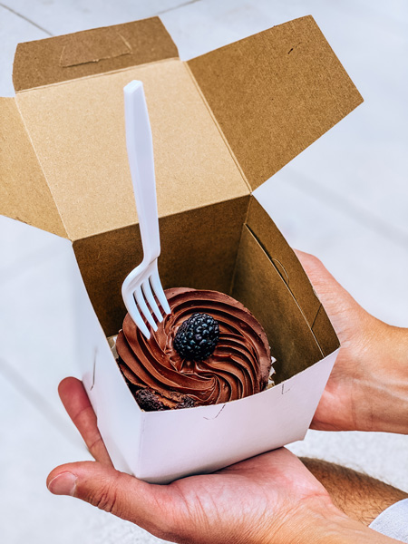Old Europe Pastries Downtown Asheville with gluten free cupcake in white pastry box