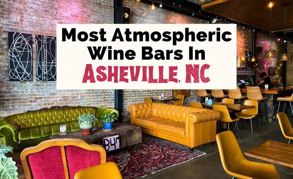 Best Wine Bars In Asheville, NC with picture of Bottle Riot bar with green and yellow couches, pink chair, bar, and purple rug