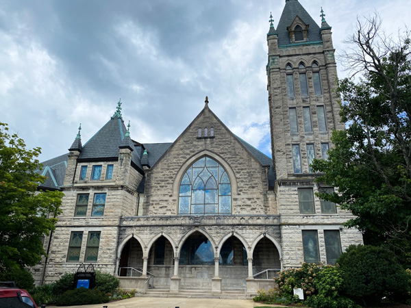 Central United Methodist Church Asheville NC Christmas services with gray stone church with stained glass windows