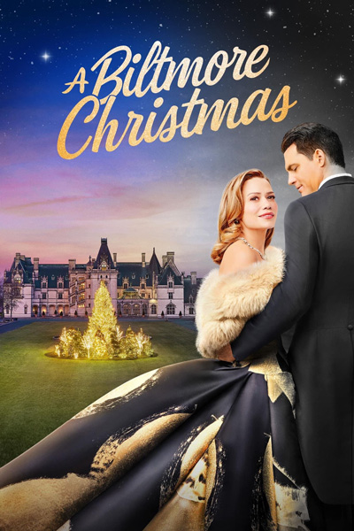 A Biltmore Christmas Hallmark Movie Poster with man and women dressed up in front of Biltmore Estate