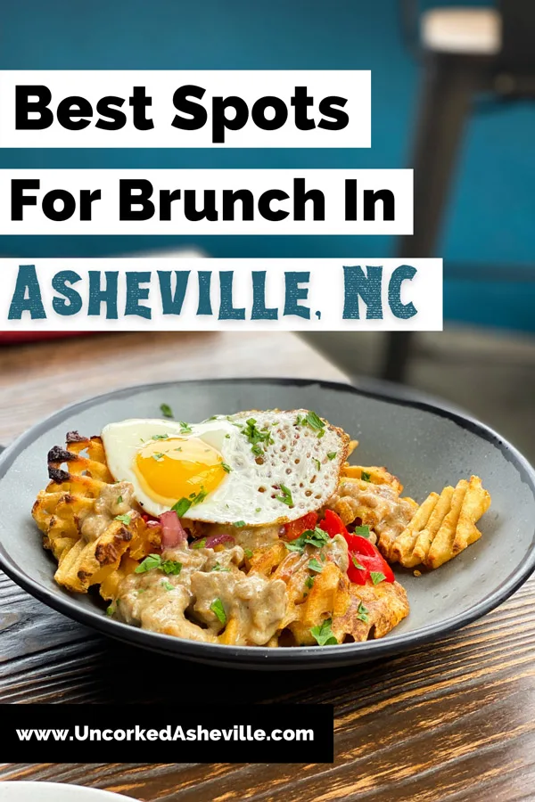 Best Asheville Brunch Places Pinterest Pin with bowl of over easy egg, waffle fries, and peppers