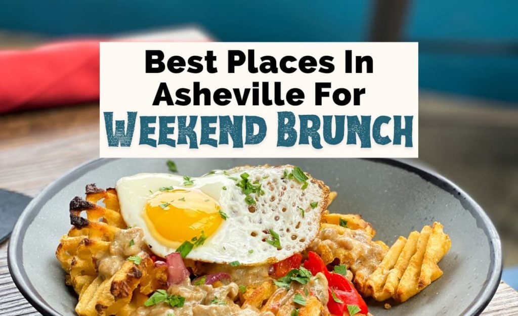 Best Brunch in Asheville NC with picture of eggs, peppers, and waffle fries in gray bowl from Social Lounge in Downtown Asheville