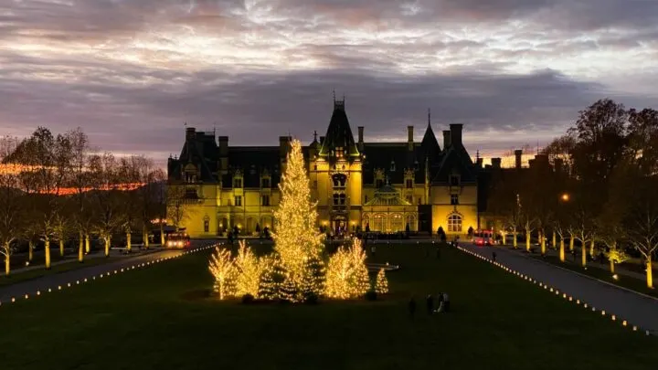 Biltmore At Christmas with Biltmore House lit up at night with Christmas trees out front and sunset over the Blue Ridge Mountains in Asheville, NC in the backgorund