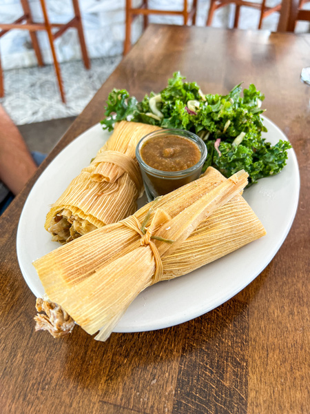 Cecilia's Kitchen in Asheville, NC two Tamales on plate with brown sauce and green lettuce salad