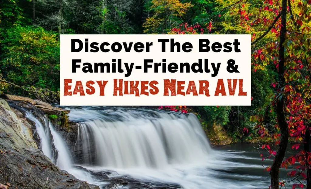 Family Friendly and Easy Hikes Near Asheville NC featured image with one tier waterfall, Hooker Falls at DuPont State Forest, surrounded by fall foliage 