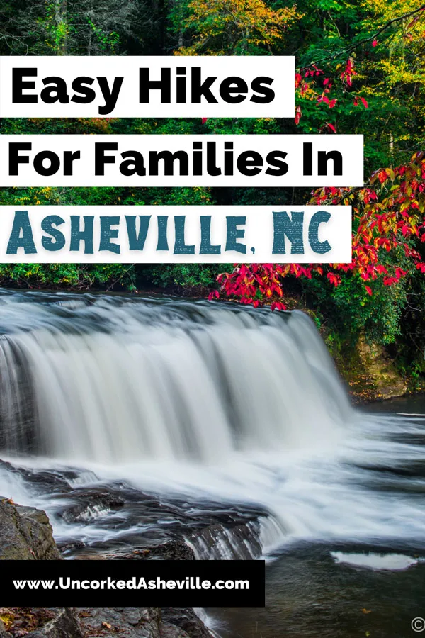 Kid Friendly Hikes Asheville NC Pinterest Pin with picture of Hooker Falls at DuPont State Forest in fall