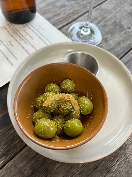Leos House Of Thirst West Asheville NC green olives in small brown bowl with fennel on top