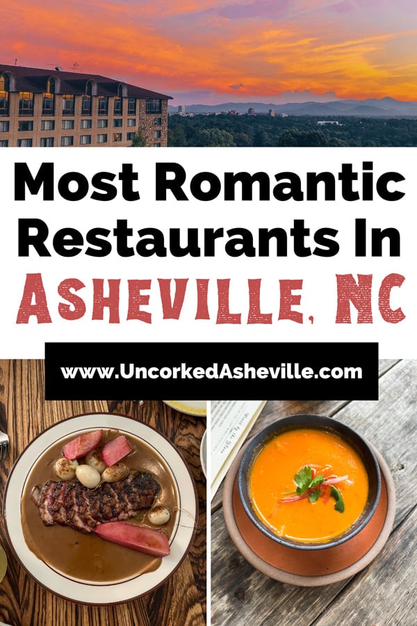 Romantic Asheville Restaurants Pinterest pin with image of Omni Grove Park Inn pink, orange, and purple sunset over Downtown Asheville and photos of roasted duck in gravy from Neng Jr.'s and bowl of orange soup from Leo's House of Thirst