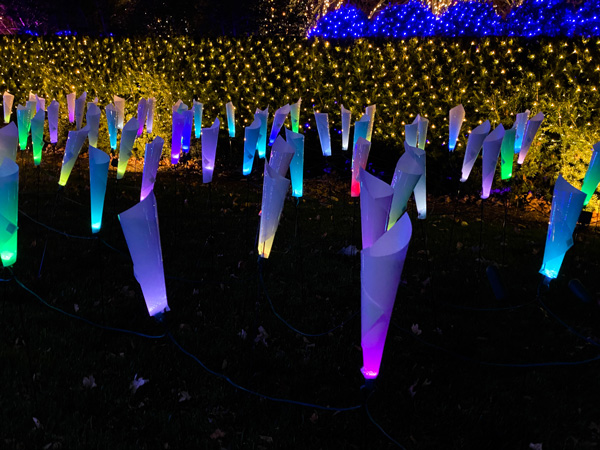 Colorful lights wrapped up in white paper cones at Winter Lights in Asheville, NC 