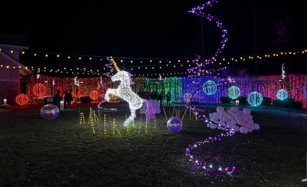 Night light displays with unicorn, bubbles, colorful balls, and rainbow wall at Winter Lights at the NC Arboretum in Asheville, NC in December