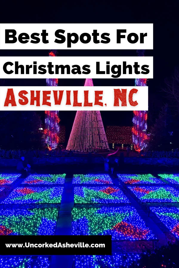 Asheville Christmas Lights Pinterest Pin with quilt garden covered in geometric pattern blue, green, and red lights and Christmas light tree in background at Winter Lights at the North Carolina Arboretum