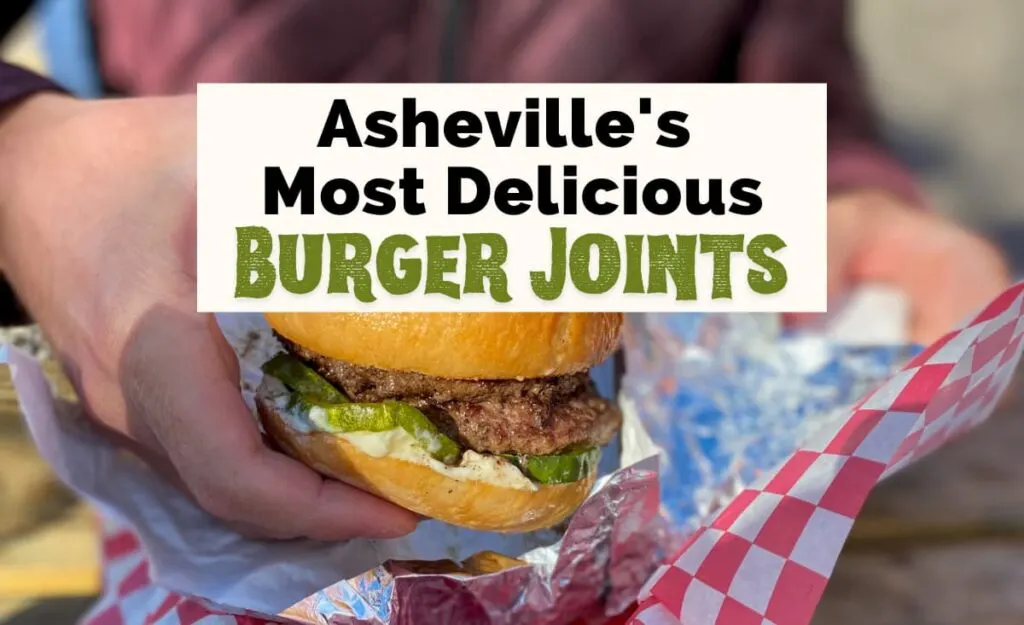 Best Burgers In Asheville, NC with man in purple coat holding up gluten free burger from Baby Bull in the River Arts District