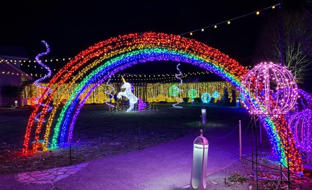 Rainbow, unicorn, and ball Christmas Lights in Asheville at The NC Arboretum