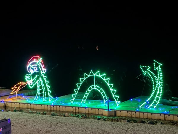 Drive thru Asheville Christmas lights at Lake Julian with dragon light display wearing a Santa hat
