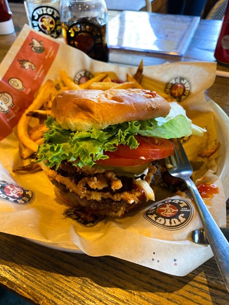 Juicy Lucys Burger Bar and Grill Asheville NC with burger on bun with fried onions, lettuce, tomato, and french fries on side