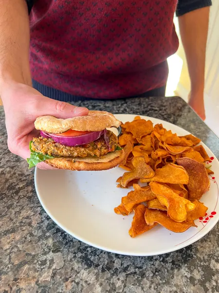 Laughing Seed in Asheville Veggie Burger as takeout order with bun, red onion, green lettuce, and spicy sweet potato chips on plate held up by white hand