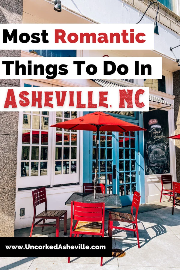 Romantic Asheville date ideas Pinterest Pin with photo of Isa's Bistro facade with blue doors and red umbrella