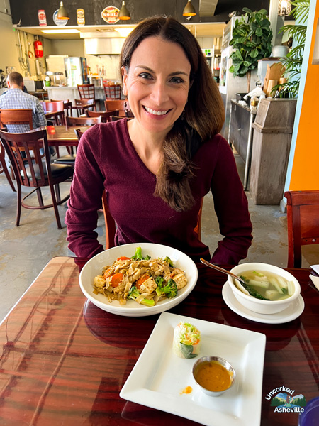 Bee Thai Kitchen Christine eating Pad See Ew Asheville NC
