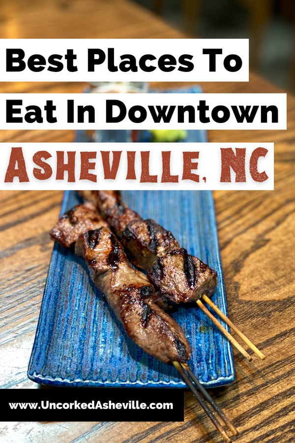 Best Restaurants In Downtown Asheville NC Pinterest pin with beer skewers with sauces on blue plate at Ukiah Japanese Smokehouse