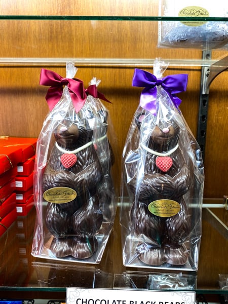 Chocolate Fetish Asheville Bears made with dark chocolate on store shelf with red heart necklaces