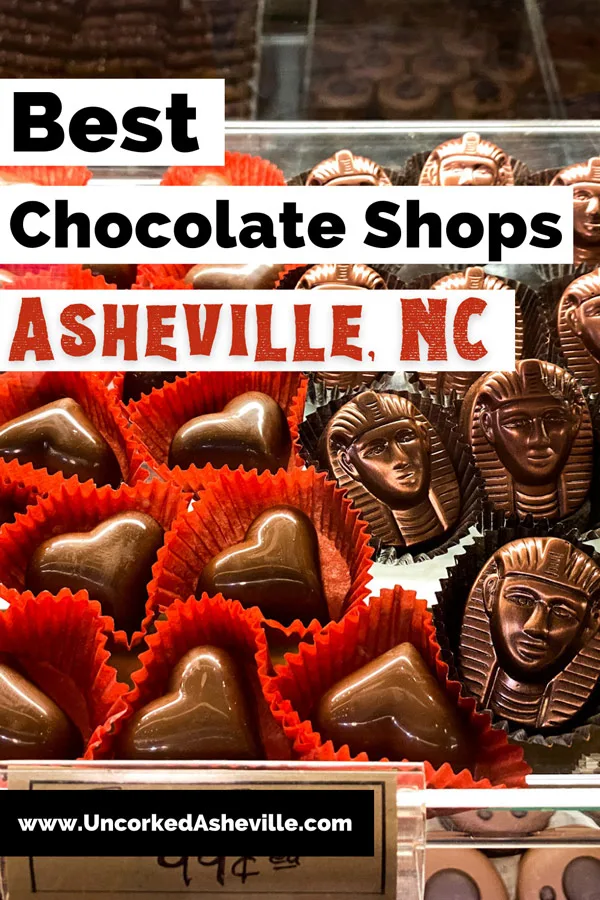 Chocolate in Asheville NC Pinterest pin with chocolates from Asheville Chocolate in shapes of hearts and Egyptian pharaohs