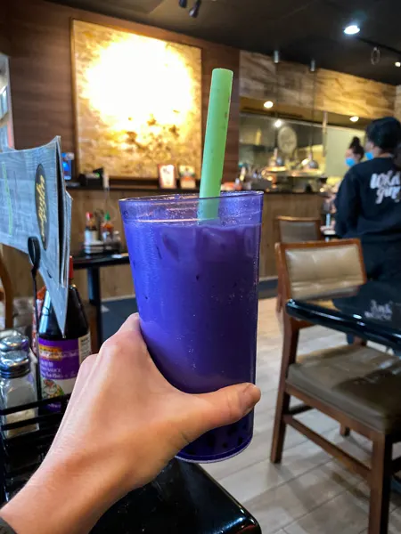 Taro Boba Tea Wild Ginger Pho Restaurant Asheville with white hand holding up purple bubble tea with green straw in restaurant
