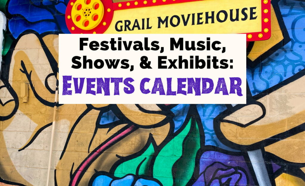 Asheville Calendar of Events with mural on Grail Moviehouse in River Arts District with hands threading a needle