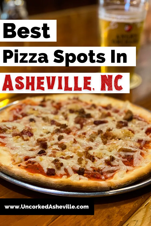 Asheville Pizza Places And Restaurants Pinterest pin with cheese and meat pizza and glass of yellow beer on bar from Barley's Taproom in downtown Asheville, NC